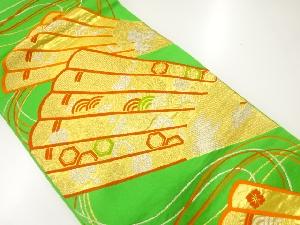 アンティーク　檜扇に花・古典柄模様織出し袋帯（材料）